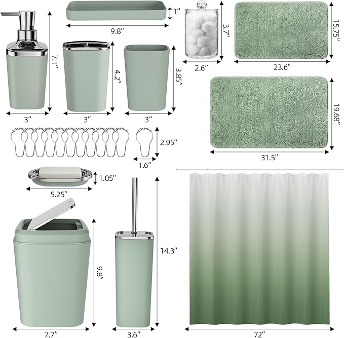 XLHOMO Sage Green Bathroom Set - 24PC Bathroom Sets with Shower Curtain and Rugs, Sage Green Bathroom Accessories Set with Press-on Lid Bathroom Trash Can, Soap Dispenser