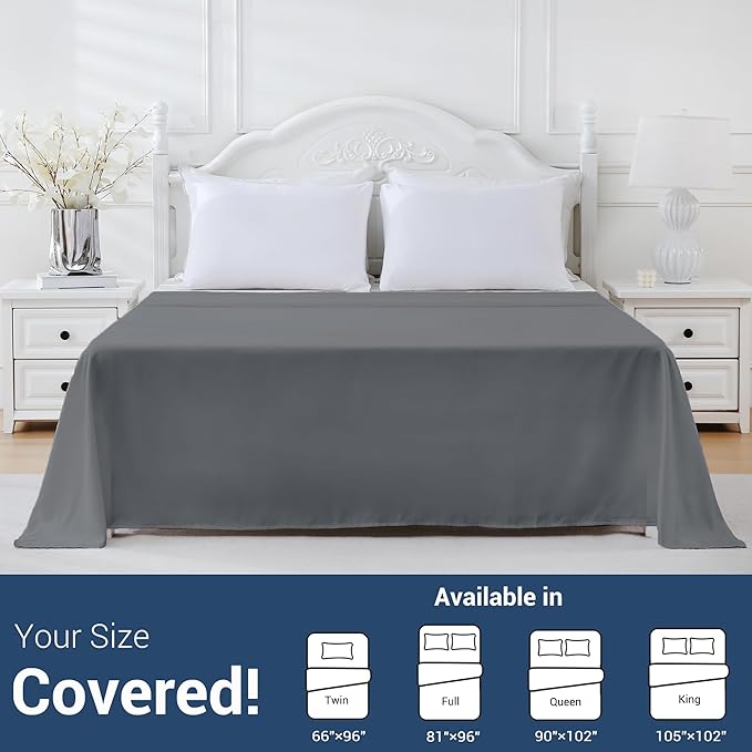 Queen Flat Sheet Only, 1 Pack Top Bed Sheets, Soft Breathable Brushed Microfiber Color-Coded Label Threads, (90"x102",Dark Gray)