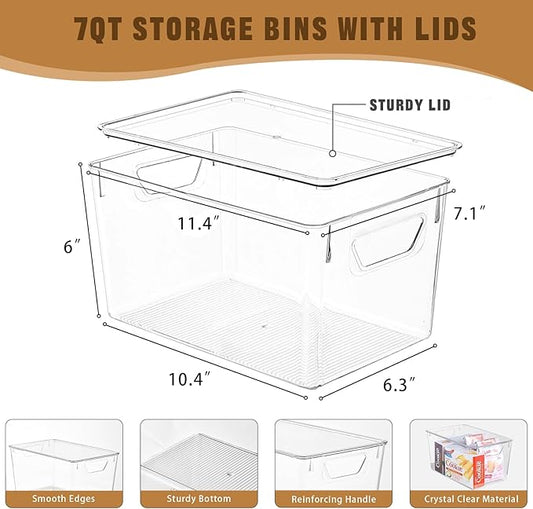 6 Pack Clear Storage Bins with Lids, 7 Quart Stackable Storage Boxes for Storage and Organization, Plastic Storage Containers with Lids, Plastic Bins with Handles for Office, Bedroom, Study Room