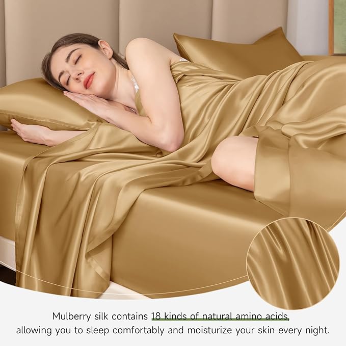 THXSILK 22 Momme 1 Pcs Silk Flat Sheet, 100% Top Grade Pure Mulberry Silk Bed Sheet Breathable Cooling Comfortable Safe Material Ultra Soft Bedding Durable (Twin, Metallic Gold)