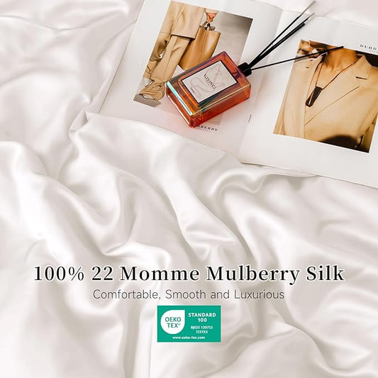 THXSILK 22 Momme 1 Pcs Silk Flat Sheet, 100% Top Grade Pure Mulberry Silk Bed Sheet Breathable Cooling Comfortable Safe Material Ultra Soft Bedding Durable (King/Cal. King, Cream White)