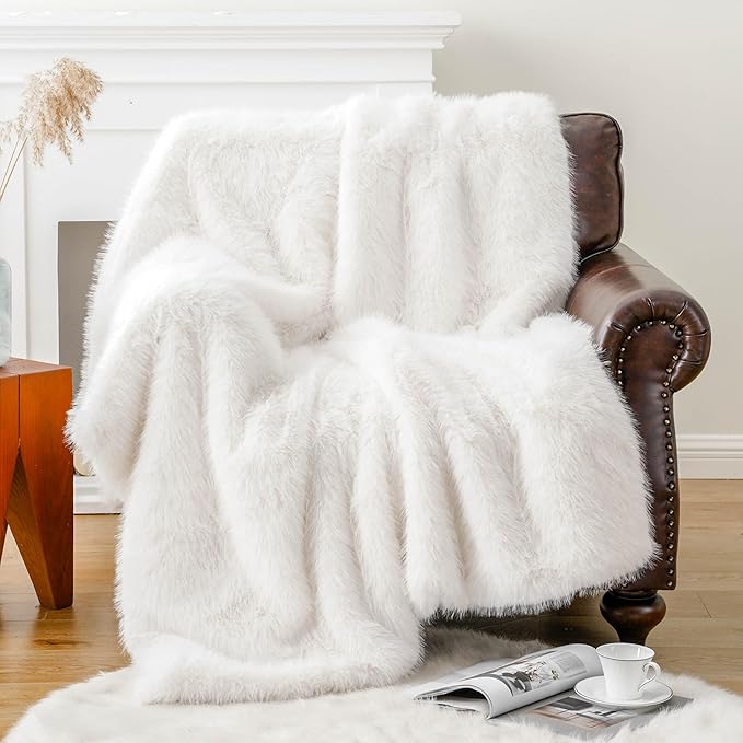 BATTILO HOME Luxury White Faux Fur Throw Blanket, Fluffy Cozy Soft Warm Fur Blanket for Couch, Sofa, Chair, Bed, Plush Fuzzy Fur Throws with Long Pile, 50"x60"(Ivory)