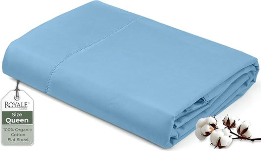 Royale Linens 100% Organic Cotton Queen Flat Sheet Only - Super Soft - Percale Top Sheets - Queen Flat Sheet Sold Separately - Breathable, Cool & Crisp Lake Blue Sheets Only (90" x 102", Lake Blue)