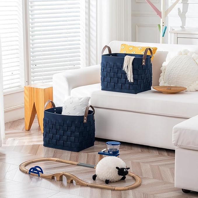 boldmonkey Blankets Baskets 15 " x13 x11 2 Pack, Large Rectangular Toys Baskets with Leather Handle, Soft Baby Nursery Basket for Storage-Navy Blue