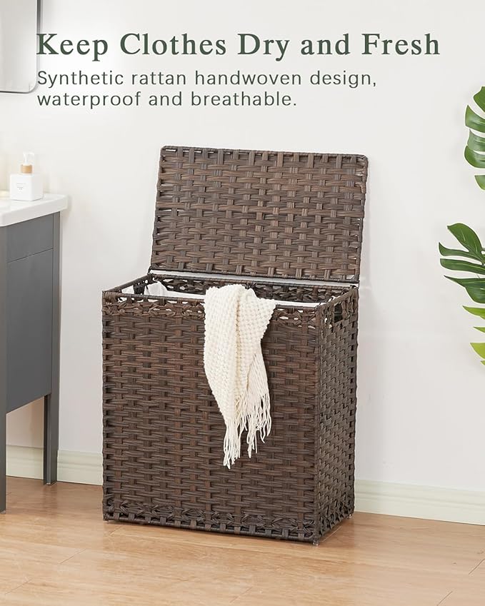 SETVSON Laundry Hamper with Lid Wicker Laundry Basket 112 L (29.6 Gal) Laundry Hampers Handwoven Rattan Laundry Hamper with Handles 3 Removable Washing Bag, 6 Mesh Bags for Bathroom Bedroom Brown