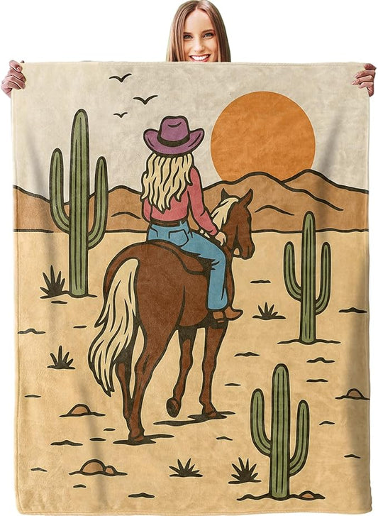 Western Cowgirl Desert Sunset Blanket, Soft Lightweight Warm Cozy Flannel 50×40 inch Horse Rider Throw Blanket for Couch, Travel, Bed, Outdoor, Gifts for Women Girls Adults Kids