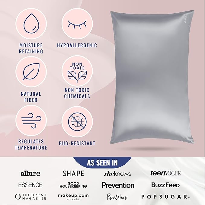 Blissy Silk Pillowcase - 100% Pure Mulberry Silk - 22 Momme 6A High-Grade Fibers - Silk Pillow Cover for Hair & Skin - Regular, Queen & King (Silver, Standard)