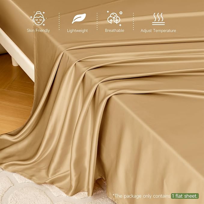 THXSILK 22 Momme 1 Pcs Silk Flat Sheet, 100% Top Grade Pure Mulberry Silk Bed Sheet Breathable Cooling Comfortable Safe Material Ultra Soft Bedding Durable (Twin, Metallic Gold)