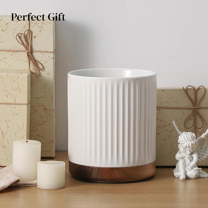 DOWAN 360° Rotating Extra Large Cooking Utensil Holder, 7.6" Kitchen Utensil Holder for Countertop, Utensil Crock for Farmhouse Kitchen Decor, Ceramic Stable Utensil Caddy, White Stripes