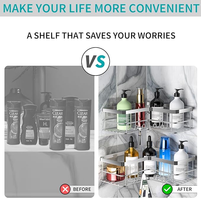 Yazoni Corner Shower Caddy, Adhesive Shower Shelves No Drilling [2-Pack], Rustproof Stainless Steel Bathroom Shower Organizer with 8 Hooks