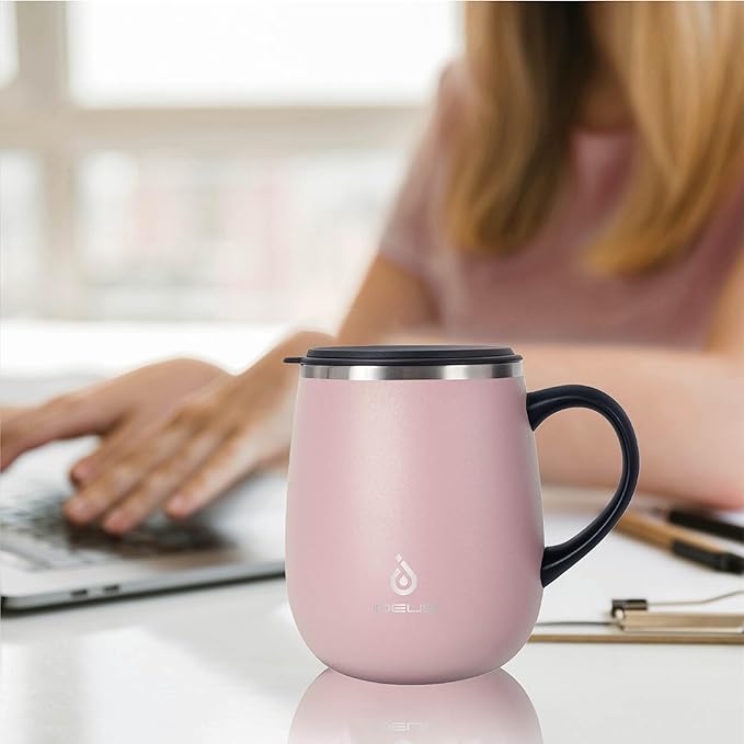 Ideus 16 oz Insulated Coffee Mug with Handle and Lid, Double Wall Stainless Steel Vacuum Thermal Coffee Mug, Travel Coffee Cup Thermal Cup for Home and Office, Sakura Pink