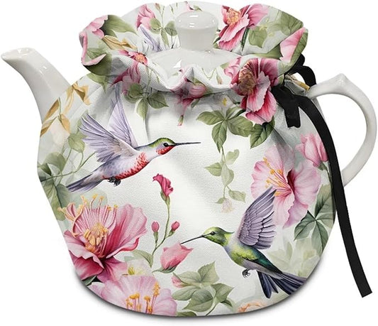 Generic Hummingbird Florals Tea Pots Cosy Cotton Breakfast Tea Pot Cover Kitchen Tea Pot Dust Cover with Elastic Band Drawstring Kettle Covers Home Family Decorative Accessories