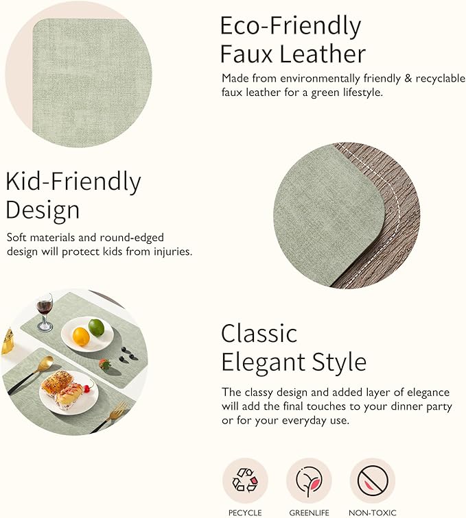 Maxpearl Faux Leather Placemats Set of 6 - Waterproof - Wipe Clean - Heat Resistant - Anti Slip Dining Table Place Mats, Suitable for Indoor & Outdoor Use, 17’’x12’’, Sage Green