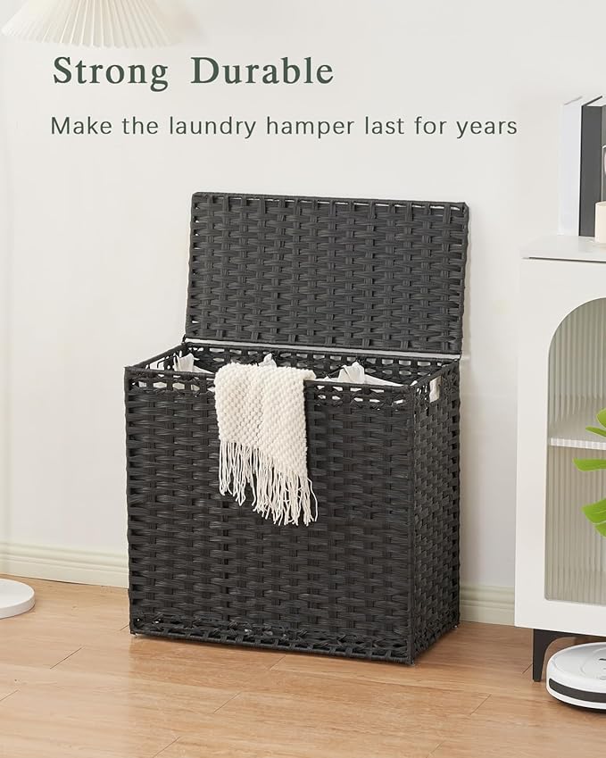 SETVSON Laundry Hamper with Lid Laundry Basket 132 L (35 Gal) Wicker Clothes Hamper, Handwoven Rattan Hamper with Handles and 4 Removable Liner Bags, 6 Mesh Bags for Laundry Bedroom Black