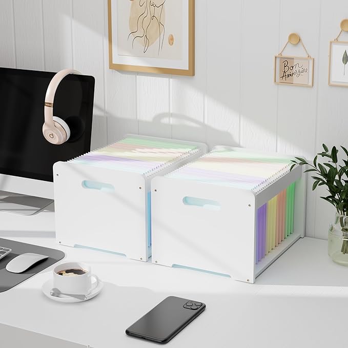 LONTAI 2 Pack Bamboo Hanging File Organizer, Office Desk File Organizer for Letter Size, Wood Hanging File Folders Organizer Record Holder Storage Stand Bookshelf Easy Assembly, White