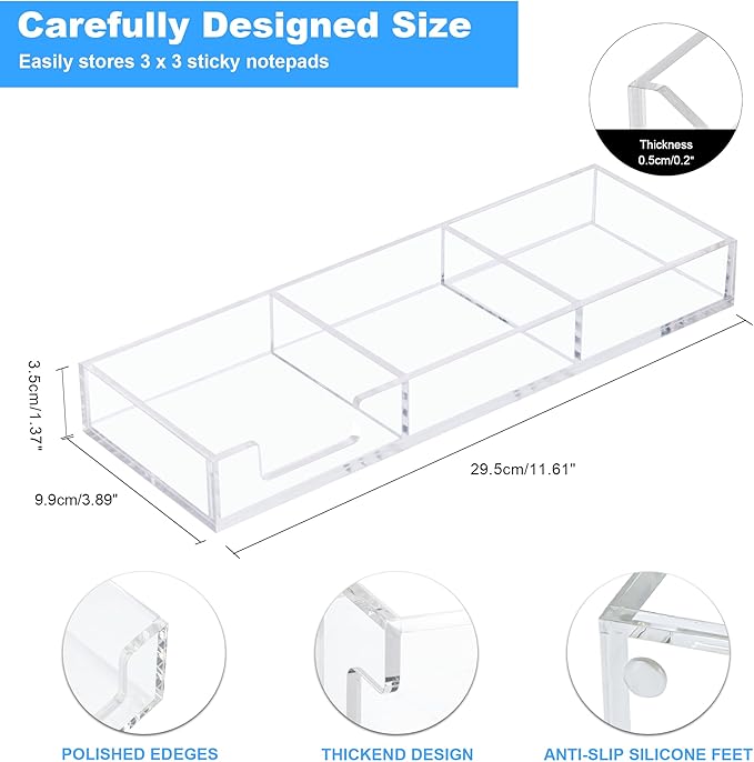 WORHE Sticky Note Holder 3 In 1 Clear Acrylic Self-Stick Memo Pads Holders Desk Organizer for School Office Home, Post Pop Notes Dispenser for 3"X3" Note Pads (BQ211)