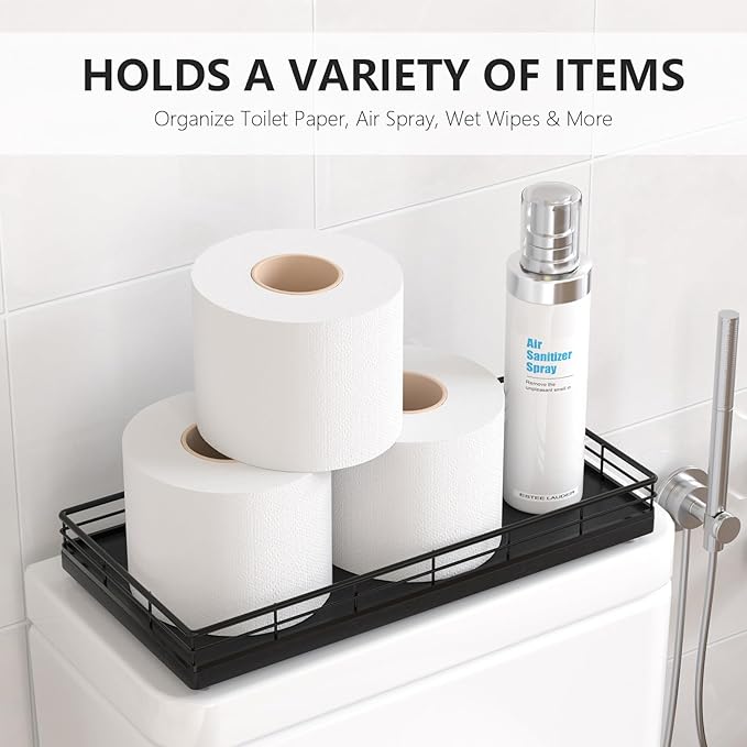 Toilet Paper Basket Organizer – Oak Wood Toilet Tank Tray with Metal Frame, Back of Tank or Top Bathroom Counter Storage – Black Modern Decor