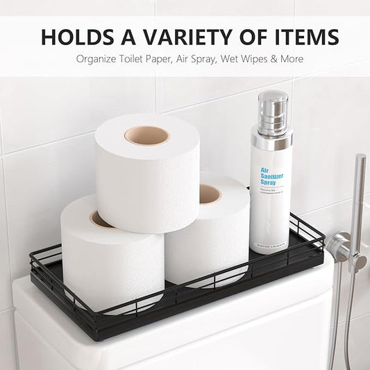 Toilet Paper Basket Organizer – Oak Wood Toilet Tank Tray with Metal Frame, Back of Tank or Top Bathroom Counter Storage – Black Modern Decor