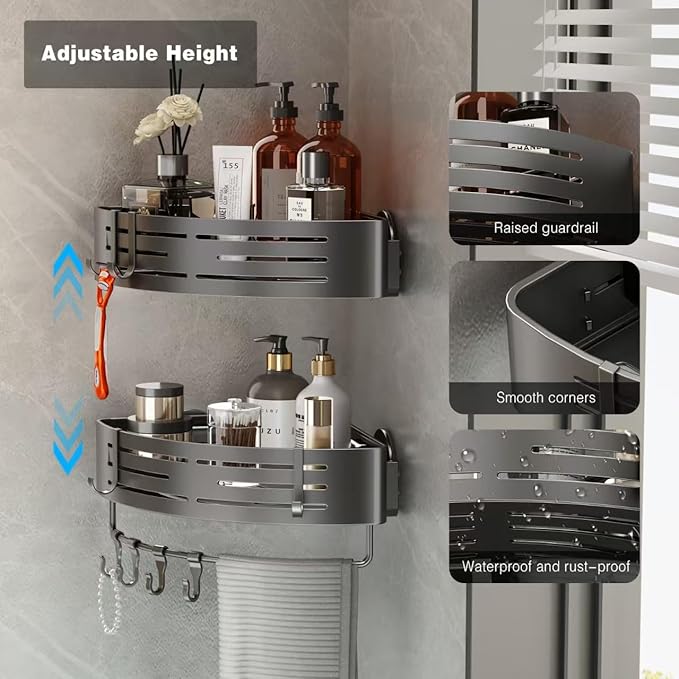 Voldra 2 Pack Corner Shower Shelves, Aluminum Stick On Showers Organizer, Modern Style, Triangular Corner Shelf, No Drilling Required