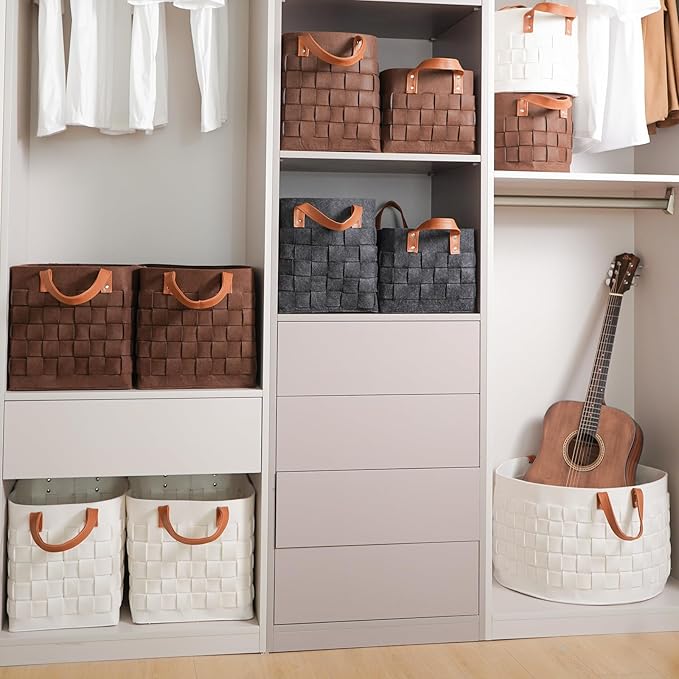 boldmonkey Laundry Basket 15 " x13 x11 2 Pack, Large Rectangular Blanket Basket with Leather Handle, Felt Storage Basket for Living Room, Nursery, Dog Toys-Dark Gray