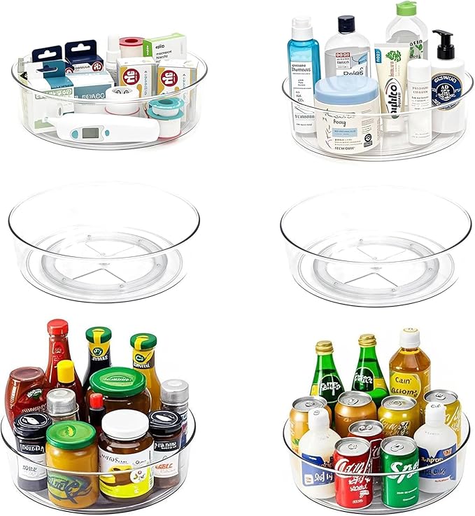 YCLADEC 6 Pack Lazy Susan 11.5" Inch Turntable Organizer Organization Storage Container Bins Spice Rack Cabinet Rotating Condiment for Pantry Countertop Kitchen Vanity Bathroom Jewelry Holder Clear