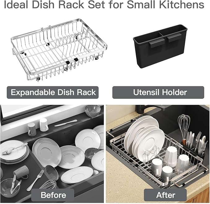 Small Expandable Over The Sink Dish Drainer Drying Rack In Stainless Steel Metal For Kitchen, Counter Space Saving Compact Above Plate Dryer Strainer, Adjustable Hanging Inside Sink Wire Drain Holder