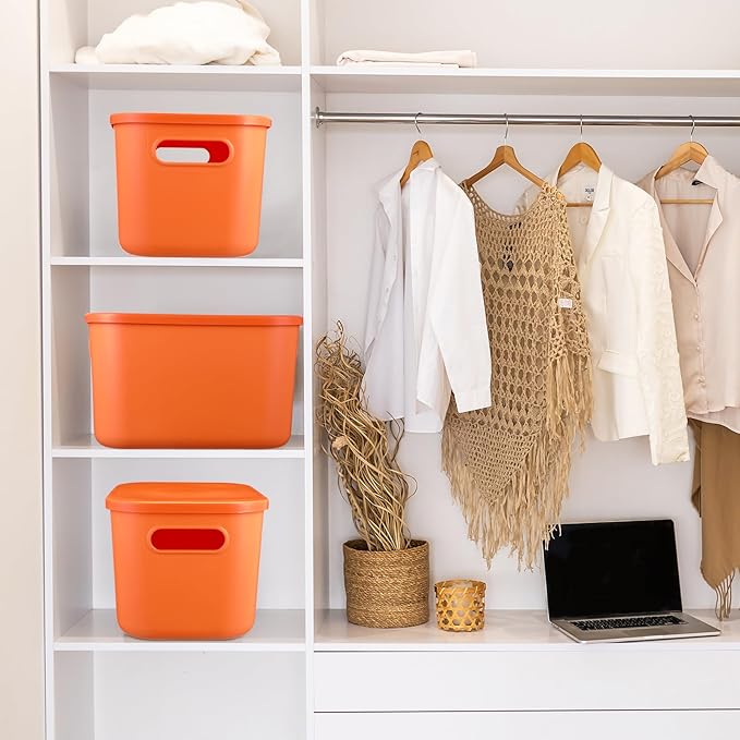 Hoolerry 8 Pieces Colorful Storage Bins with Lid, Plastic Storage Basket Organizing Container Stackable Box with Handle for Shelves Desktop Playroom Office(10.2 x 7 x 6.3 Inch,Orange)