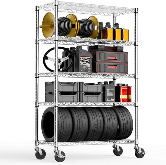 M MZG 5-Shelf Storage Shelves,Wire Shelving Heavy Duty Metal Storage Shelving Unit Adjustable Garage Shelving Rack Pantry Kitchen (Chrome, 5 Tier,17.7" D x 47.2" W x 76.7" H)