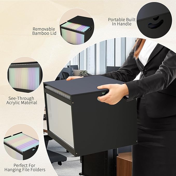 LONTAI Bamboo Hanging File Boxes with Lids 2 Pack, File Organizer Box for Letter/Legal File, File Box with Hanging Folders Acrylic Light Easy Assembly File Storage Boxes for Home Office, Black