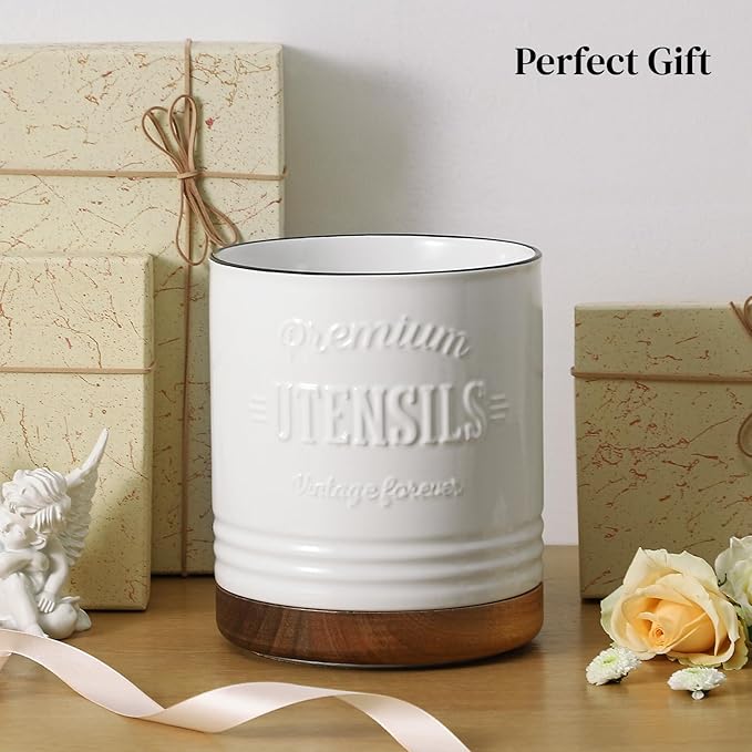 DOWAN 360° Rotating Extra Large Cooking Utensil Holder, 7.6" Kitchen Utensil Holder for Countertop, Utensil Crock for Farmhouse Kitchen Decor, Ceramic Stable Utensil Caddy, White Text