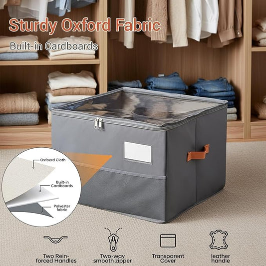 Chewlish Shoe Organizer for Closet, Foldable Shoe Storage Organizer Containers with Clear Cover, Space Saving Shoes Holder with Handles, Gray (2, Large)