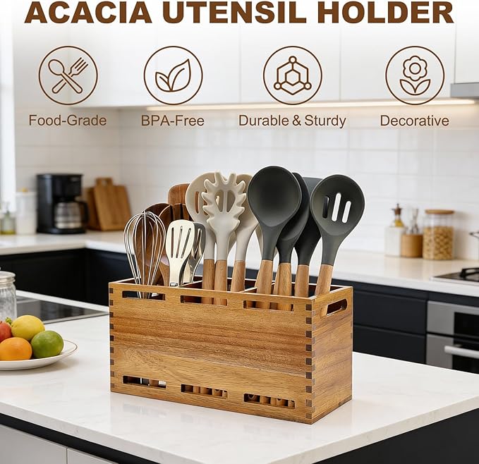 Large Acacia Wood Utensil Holder Rustic Kitchen Utensil Organizer for Countertop 3 Sections Kitchen Utensil Crock Cooking Tools Holder Utensils Caddy Counter Wooden Cooking Utensil Storage Holder