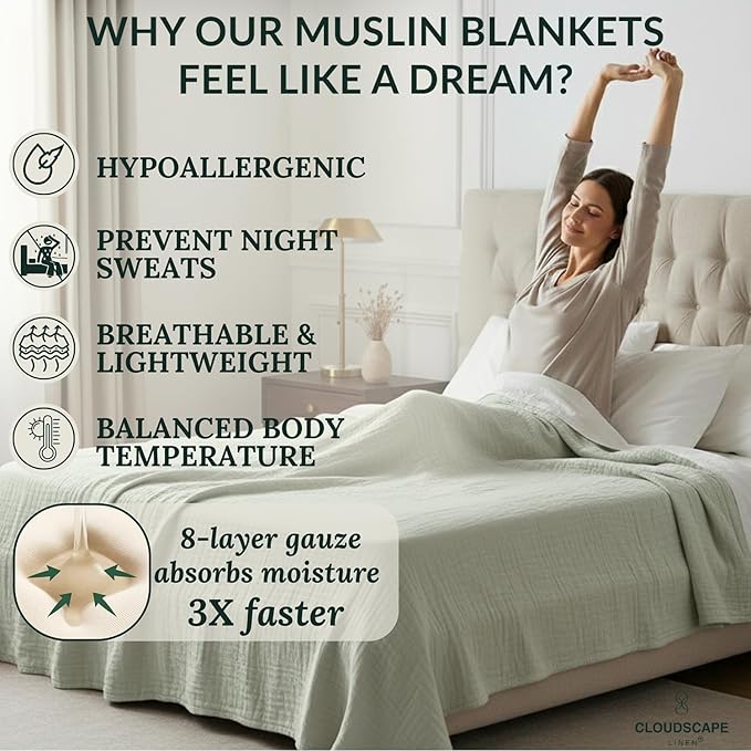 Cloud Scape Linen 100% Cotton 8 Layer Twin Size Muslin Blanket - Breatheable and Soft Winter Blanket for Bed, Couch and Sofa, Oversized Fits up to Twin XL, Best Gift Idea, 68x92, Seafoam