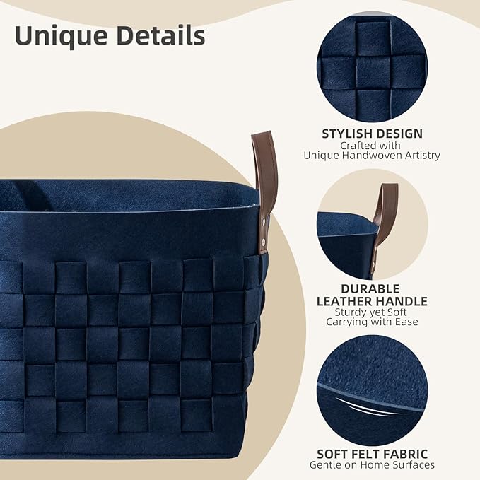 boldmonkey Blankets Baskets 15 " x13 x11 2 Pack, Large Rectangular Toys Baskets with Leather Handle, Soft Baby Nursery Basket for Storage-Navy Blue