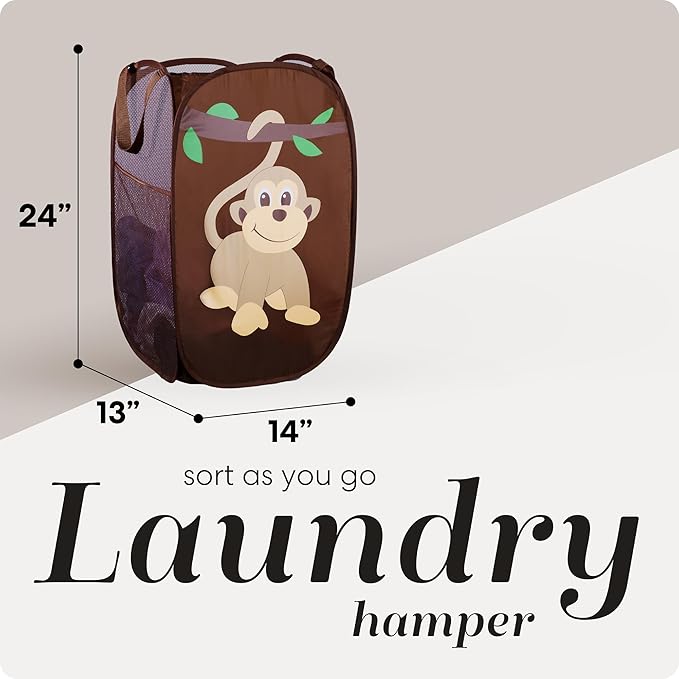 Handy Laundry Collapsible Mesh Pop Up Hamper with Wide Opening and Side Pocket - Breathable, Sturdy, Foldable, and Space-Saving Design for Clothes and Storage (Monkey)