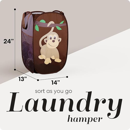 Handy Laundry Collapsible Mesh Pop Up Hamper with Wide Opening and Side Pocket - Breathable, Sturdy, Foldable, and Space-Saving Design for Clothes and Storage (Monkey)