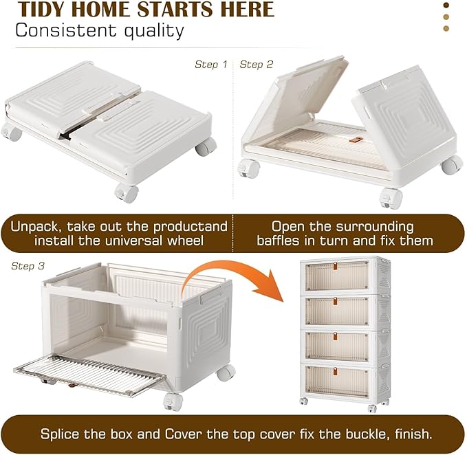 YFXCVSL 4 Tier Plastic Storage Bins with Lid 35QT, Stackable Storage Containers with Wheels, Folding Boxes, Collapsible Bins, Closet Organizers and for Living Room,Office,Dorm