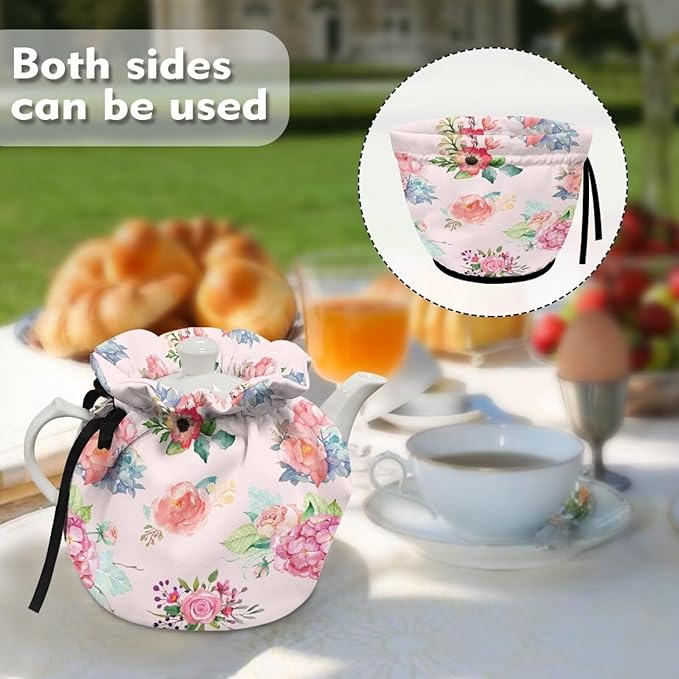 Generic Playful Rosebud Pattern Tea Pot Tea Kettle Decorative Cover Insulated Dust Bag Drawstring Tea Kettle Covers Teacup Covers Insulated Drop-Proof Shock-Proof Decoration