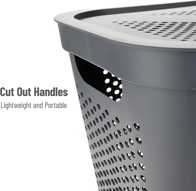 Mind Reader 60L Slim Laundry Hamper, Clothes Basket, Lid, Ventilated, Plastic, Set of 2, Gray