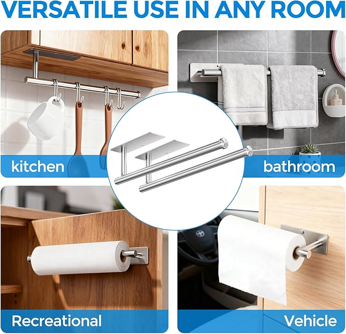 zaa Paper Towel Holder - 2 Pack Under Cabinet Paper Towel Holder, Fits Mega Paper Towel Rolls, Wall Mount Rack for Kitchen, Bathroom, RV, Adhesive or Screw Installation, Silver
