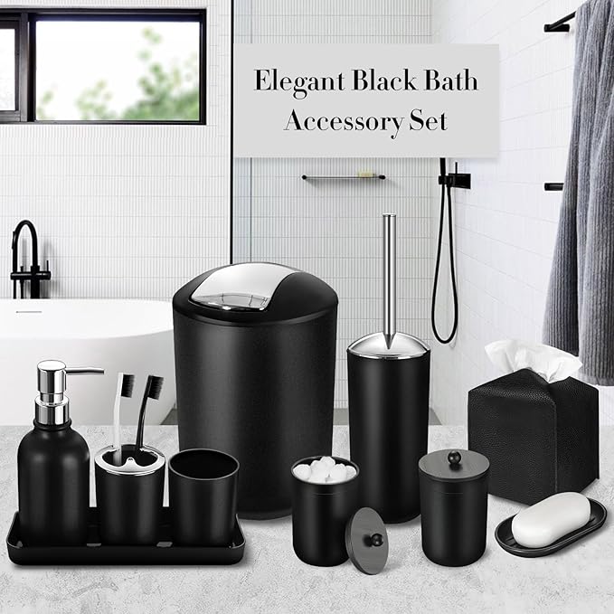 ALPIRIRAL Black Bathroom Accessories Set, 10Pcs Bathroom Accessory Set with Trash Can, Soap Dispenser and Toothbrush Holder, Soap Dish, Cotton Ball & Qtip Holder, Toilet Brush Holder, Tissue Box Cover
