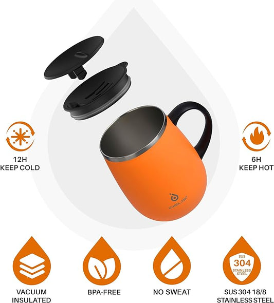 Ideus 16 oz Insulated Coffee Mug with Handle and Lid, Double Wall Stainless Steel Vacuum Thermal Coffee Mug, Travel Coffee Cup Thermal Cup for Home and Office, Orange Tiger
