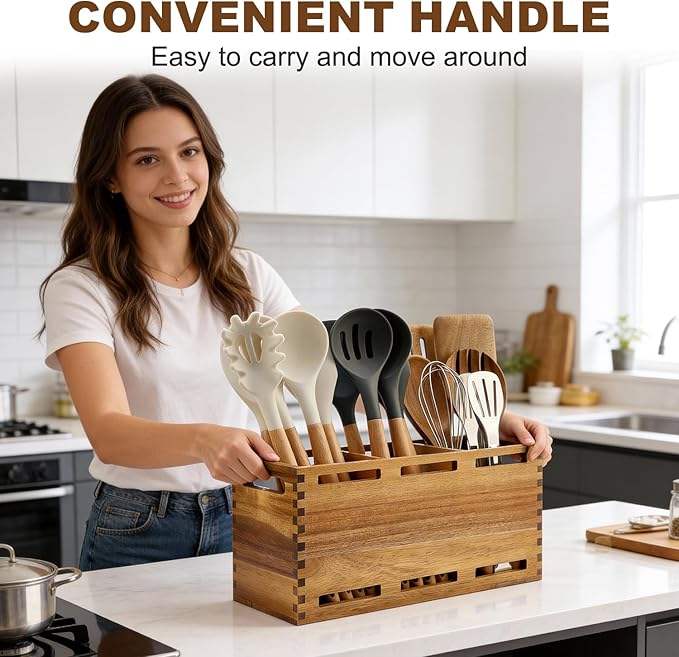 Large Acacia Wood Utensil Holder Rustic Kitchen Utensil Organizer for Countertop 3 Sections Kitchen Utensil Crock Cooking Tools Holder Utensils Caddy Counter Wooden Cooking Utensil Storage Holder