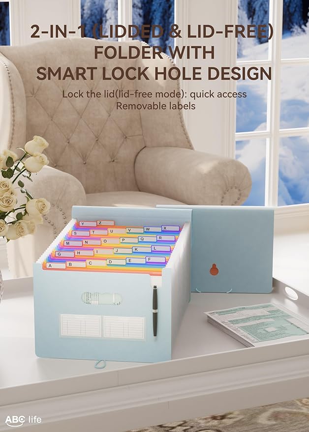 ABC life 26-Pocket Accordion File Organizer, Expanding File Folder, Letter/A4 Size Plastic Monthly Bill & Tax Receipt Holder with A-Z Tabs for Home, Office, Classroom - Light Blue