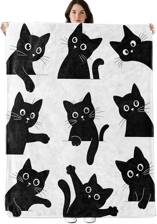 Funny Black Cat Blanket, 80"x60" Flannel Cozy Lightweight Cute Silhouette Kittens Throw Blankets Gifts for Couch Bed Living Room Decor, Soft Blanket for Women Kids