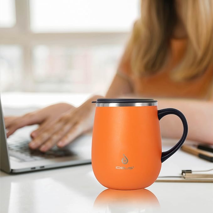 Ideus 16 oz Insulated Coffee Mug with Handle and Lid, Double Wall Stainless Steel Vacuum Thermal Coffee Mug, Travel Coffee Cup Thermal Cup for Home and Office, Orange Tiger