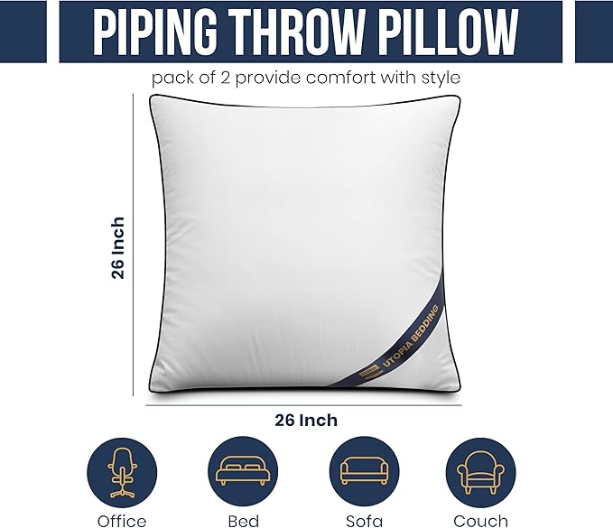 Utopia Bedding Throw Pillow Inserts (Pack of 2, White), 26 x 26 Inches Decorative Indoor Pillows for Sofa, Bed, Couch, Cushion Sham Stuffer