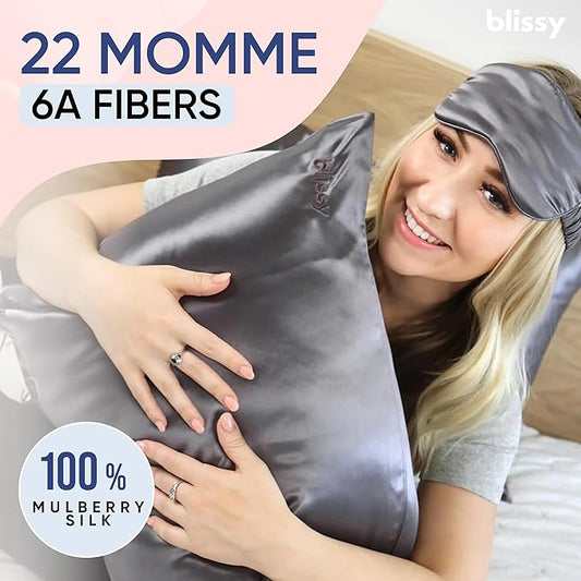 Blissy Silk Pillowcase - 100% Pure Mulberry Silk - 22 Momme 6A High-Grade Fibers - Silk Pillow Cover for Hair & Skin - Regular, Queen & King (Gray, King)
