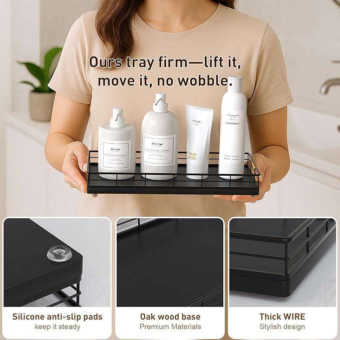 Toilet Paper Basket Organizer – Oak Wood Toilet Tank Tray with Metal Frame, Back of Tank or Top Bathroom Counter Storage – Black Modern Decor