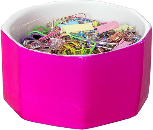 LEAZUL Ceramic Paper Clip Holder Gold Line Paper Clip Dispenser Organizer for Desk Cute Floral Pattern Office Binder Clip Holder Bobby Pin and Hair Clip Holder Gift for Office (Hot Pink)